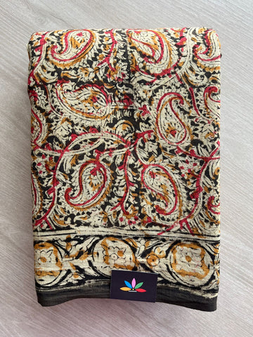 Paisley Handblock Printed Kalamkari Mul Cotton Saree - 31929_31930