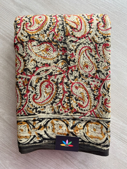 Paisley Handblock Printed Kalamkari Mul Cotton Saree - 31929_31930