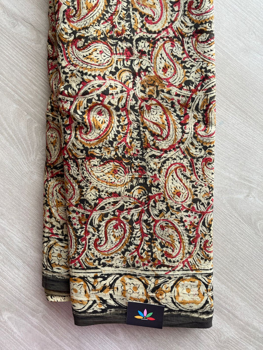 Paisley Handblock Printed Kalamkari Mul Cotton Saree - 31929_31930