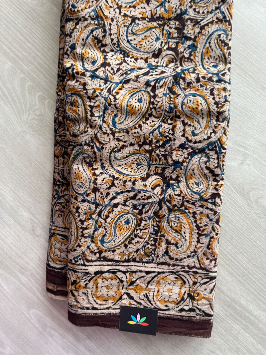 Paisley Handblock Printed Kalamkari Mul Cotton Saree - 31931_31932