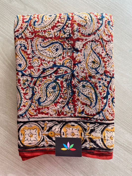 Paisley Handblock Printed Kalamkari Mul Cotton Saree - 31933_31934