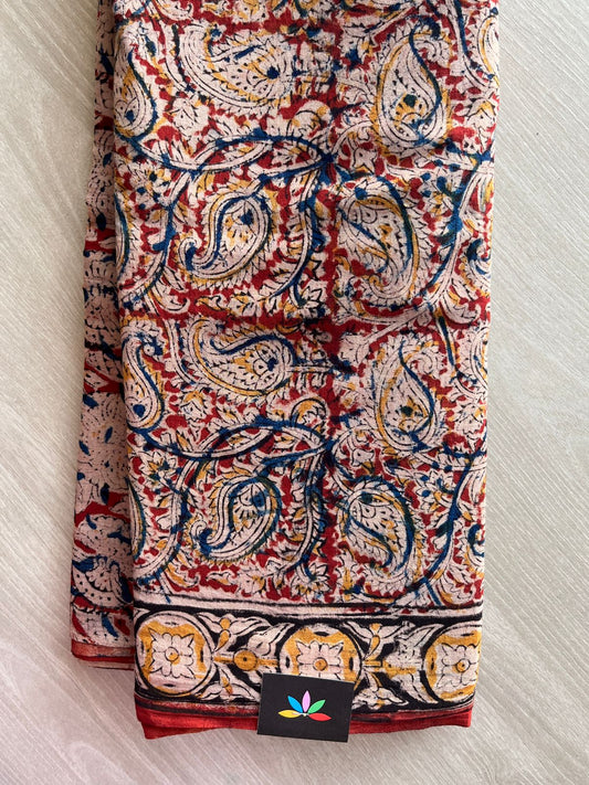 Paisley Handblock Printed Kalamkari Mul Cotton Saree - 31933_31934