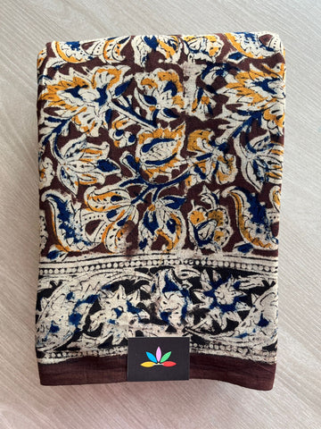 Floral Handblock Printed Kalamkari Mul Cotton Saree - 31937_31938