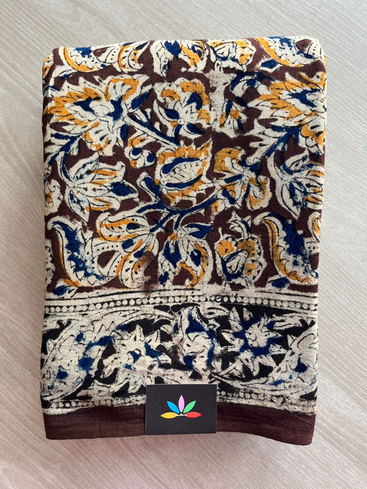 Floral Handblock Printed Kalamkari Mul Cotton Saree - 31937_31938