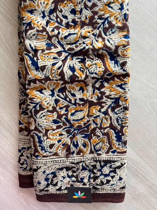 Floral Handblock Printed Kalamkari Mul Cotton Saree - 31937_31938