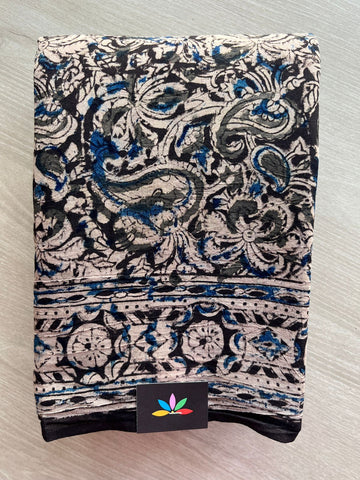Paisley Handblock Printed Kalamkari Mul Cotton Saree - 31939_31940_31941