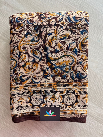 Paisley Handblock Printed Kalamkari Mul Cotton Saree - 31946_31947