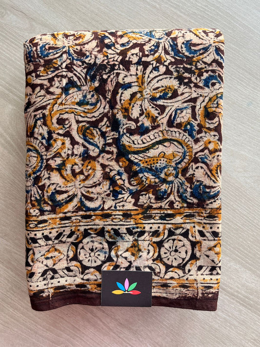Paisley Handblock Printed Kalamkari Mul Cotton Saree - 31946_31947