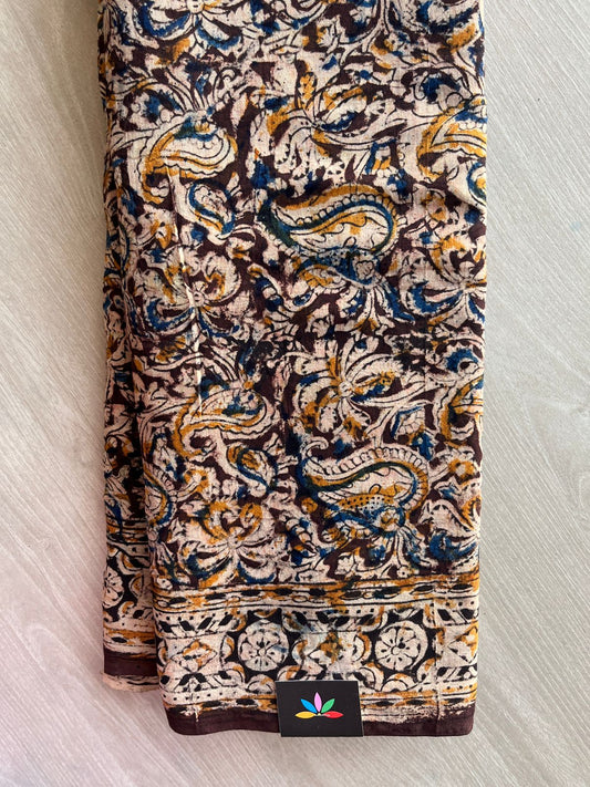 Paisley Handblock Printed Kalamkari Mul Cotton Saree - 31946_31947