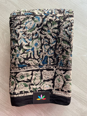 Floral Handblock Printed Kalamkari Mul Cotton Saree - 31948_31949