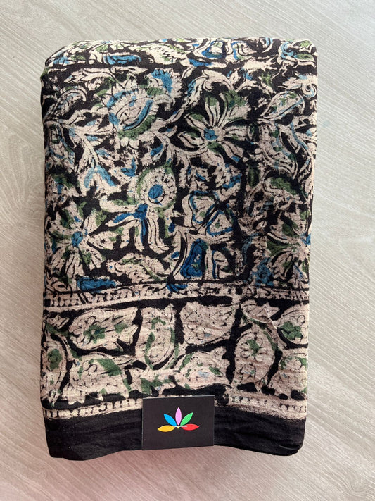 Floral Handblock Printed Kalamkari Mul Cotton Saree - 31948_31949
