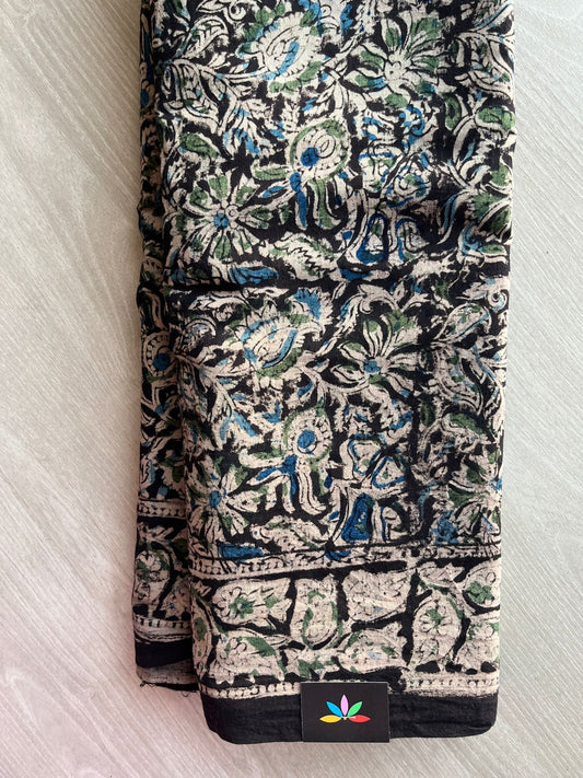 Floral Handblock Printed Kalamkari Mul Cotton Saree - 31948_31949