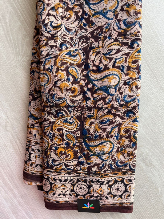 Paisley Handblock Printed Kalamkari Mul Cotton Saree - 31950_31951