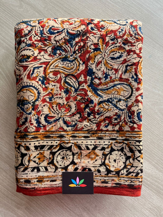 Paisley Handblock Printed Kalamkari Mul Cotton Saree - 31952_31953_31954