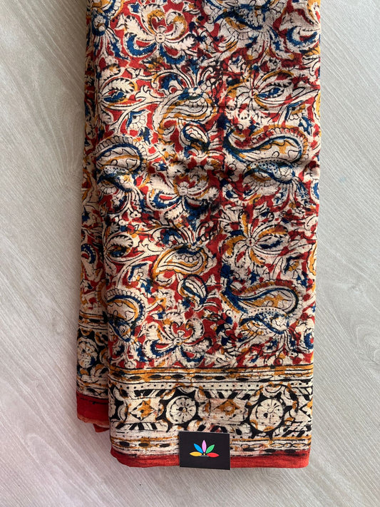 Paisley Handblock Printed Kalamkari Mul Cotton Saree - 31952_31953_31954