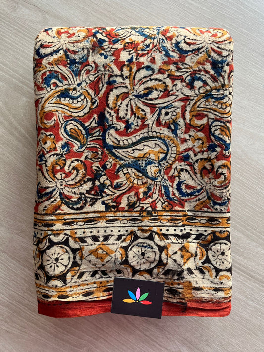 Paisley Handblock Printed Kalamkari Mul Cotton Saree - 31955_31956
