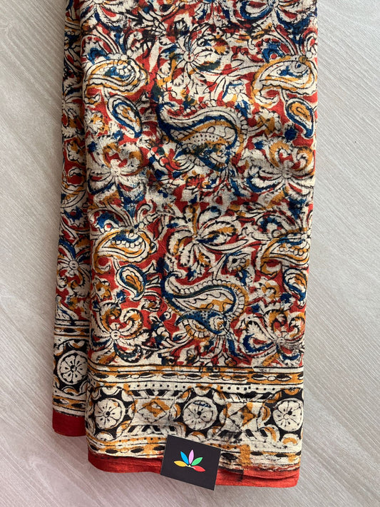 Paisley Handblock Printed Kalamkari Mul Cotton Saree - 31955_31956