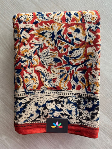 Floral Handblock Printed Kalamkari Mul Cotton Saree - 31957_31958