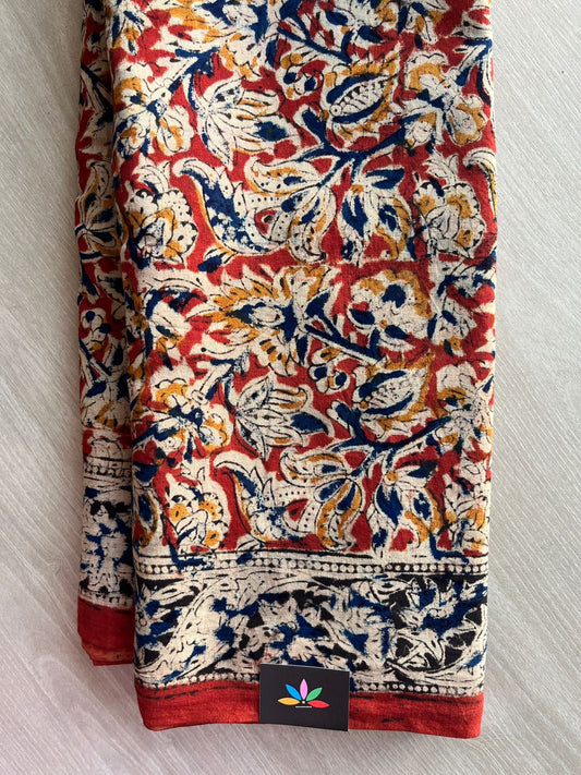 Floral Handblock Printed Kalamkari Mul Cotton Saree - 31957_31958
