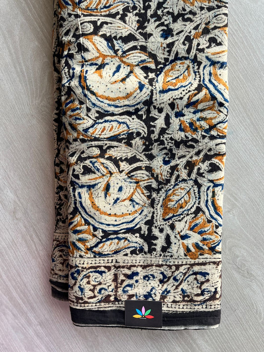 Floral Handblock Printed Kalamkari Mul Cotton Saree - 31963