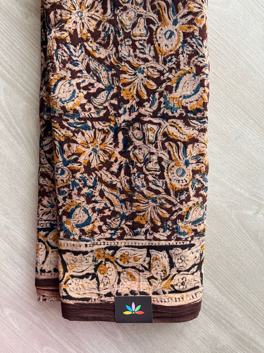 Floral Handblock Printed Kalamkari Mul Cotton Saree - 31965