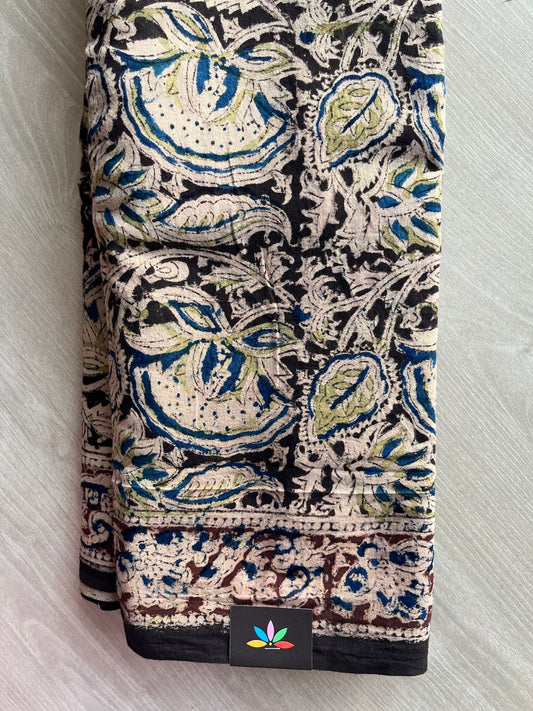 Floral Handblock Printed Kalamkari Mul Cotton Saree - 31966