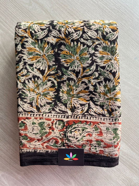 Floral Handblock Printed Kalamkari Mul Cotton Saree - 31967