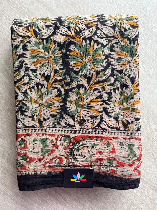 Floral Handblock Printed Kalamkari Mul Cotton Saree - 31967