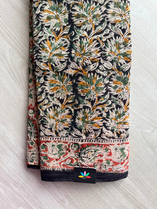 Floral Handblock Printed Kalamkari Mul Cotton Saree - 31967