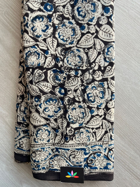 Floral Handblock Printed Kalamkari Mul Cotton Saree (Without blouse) - 31983