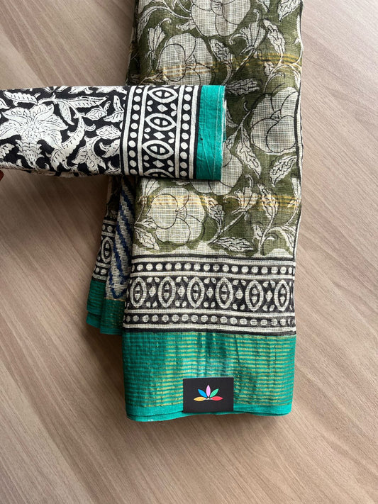 Big Border Handblock Printed Kota Doria Saree -22245