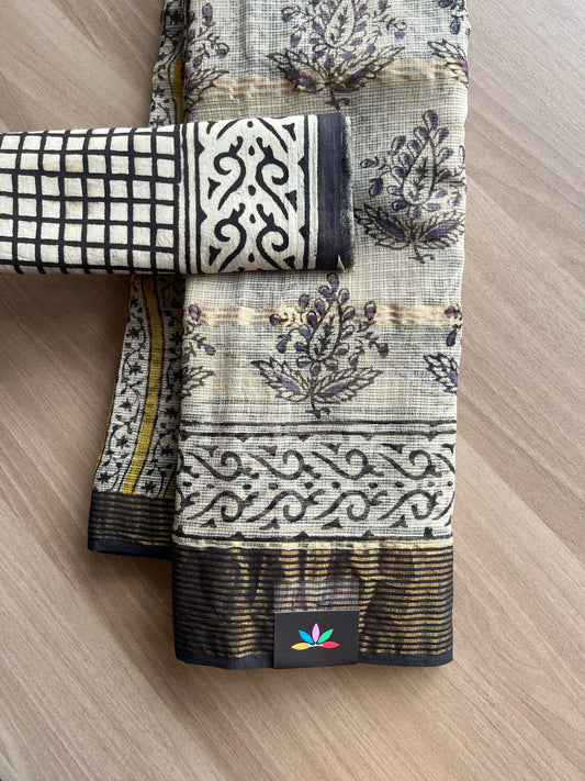 Big Border Handblock Printed Kota Doria Saree -22246