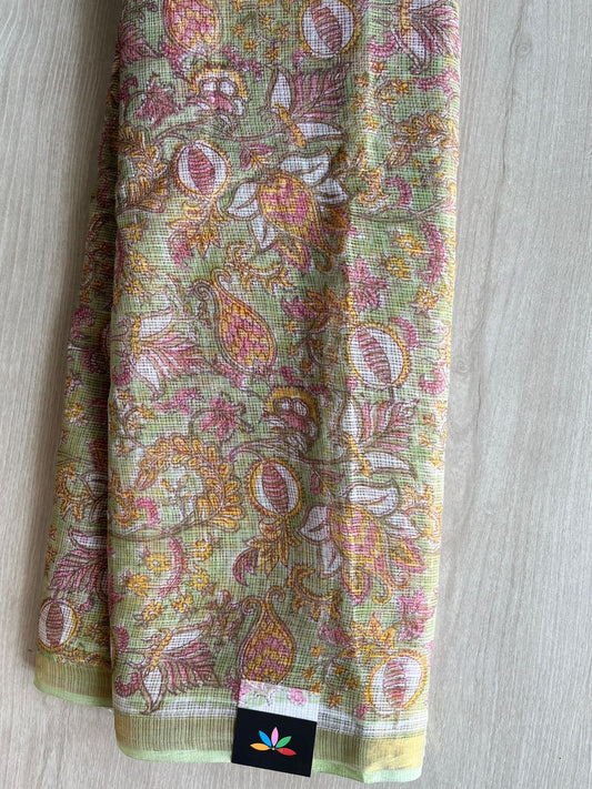 Pastel Green Handblock Printed Kota Doria Saree - 29480-29481