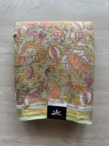 Pastel Green Handblock Printed Kota Doria Saree - 29480-29481