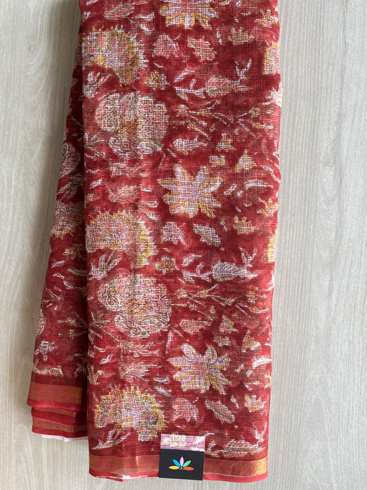 Tartan Red Handblock Printed Kota Doria Saree - 30394-30395