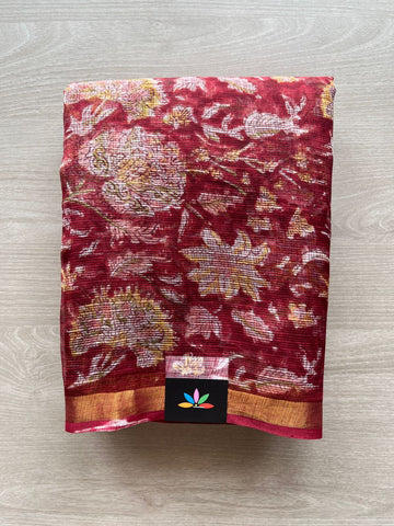 Tartan Red Handblock Printed Kota Doria Saree - 30394-30395