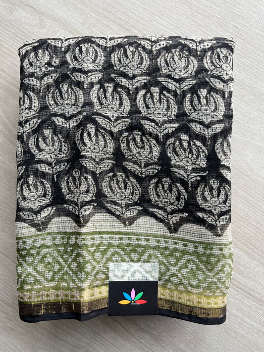 Black Handblock Printed Kota Doria Saree - 30428-30429