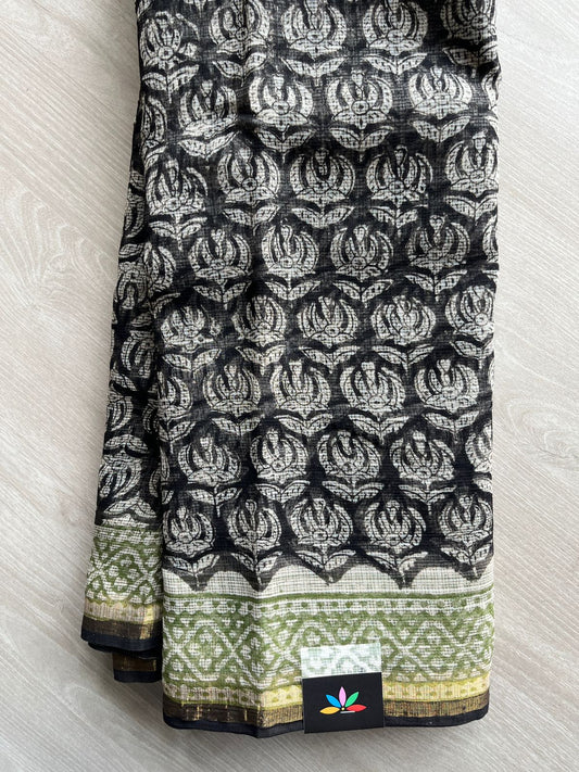 Black Handblock Printed Kota Doria Saree - 30428-30429