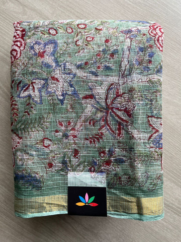Pastel Green Handblock Printed Kota Doria Saree - 30436-30437