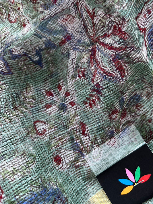 Pastel Green Handblock Printed Kota Doria Saree - 30436-30437