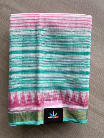 White Aqua Blue & Pink Handblock Printed Kota Doria Saree - 30448-30449