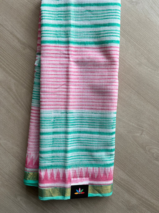 White Aqua Blue & Pink Handblock Printed Kota Doria Saree - 30448-30449