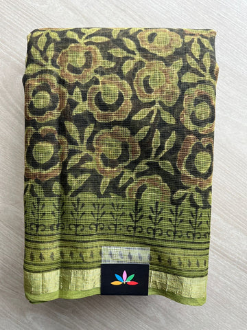 Olive Green & Black Handblock Printed Kota Doria Saree - 30450-30451