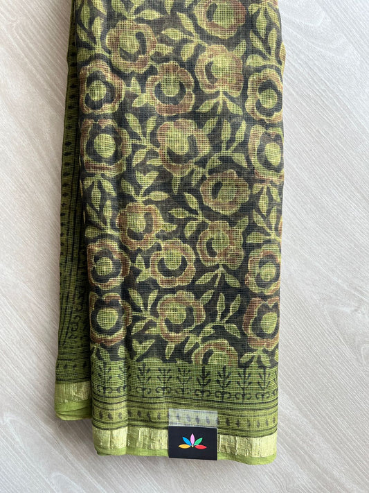 Olive Green & Black Handblock Printed Kota Doria Saree - 30450-30451