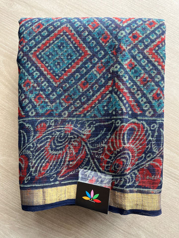 Deep Royal Blue Handblock Printed Kota Doria Saree - 30458-30459