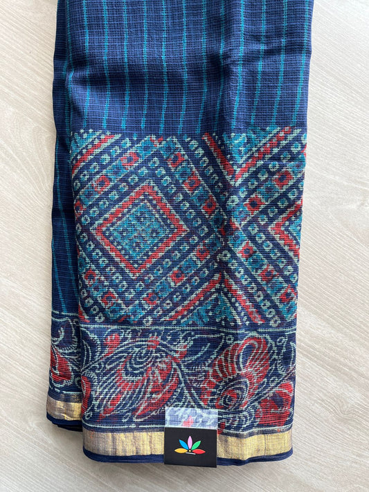 Deep Royal Blue Handblock Printed Kota Doria Saree - 30458-30459