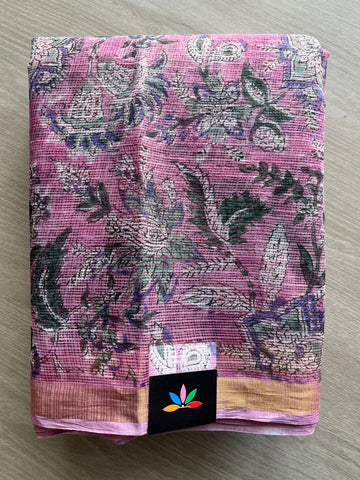 Blush Pink Handblock Printed Kota Doria Saree - 30460-30461