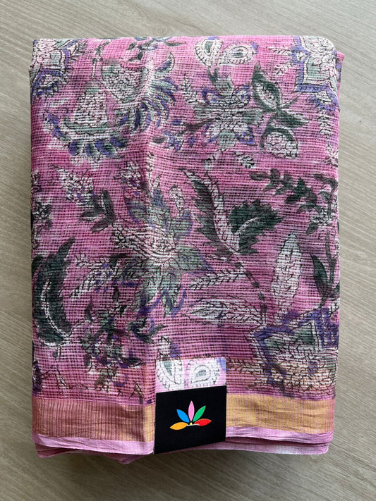 Blush Pink Handblock Printed Kota Doria Saree - 30460-30461