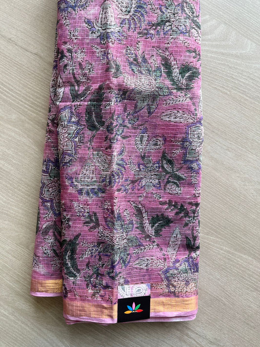 Blush Pink Handblock Printed Kota Doria Saree - 30460-30461