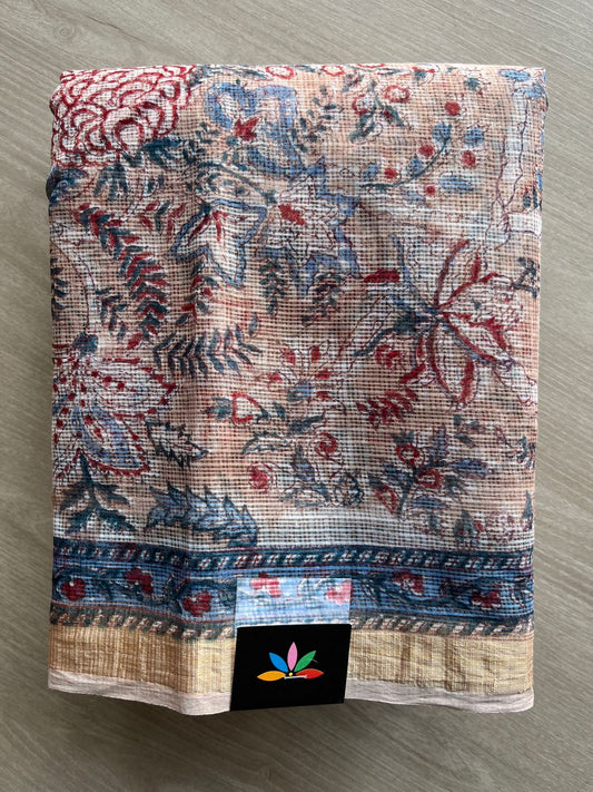 Peach Beige Shade Handblock Printed Kota Doria Saree - 30466-30467